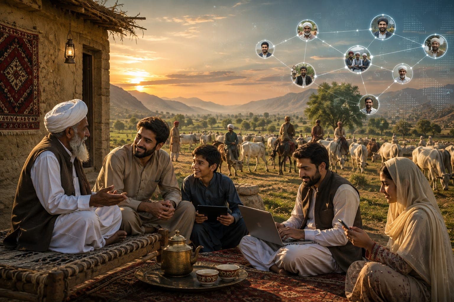 Gujjar elders and younger members gathered on a traditional rug, sharing a laptop and tablets